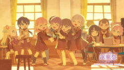  6+girls :d :o ;d ^_^ anyoji_hime aqua_neckerchief aqua_shoes black_hair black_pantyhose black_ribbon black_socks blonde_hair blue_hair blue_ribbon blunt_bangs blunt_ends blush bob_cut braid brown_dress brown_hair center-flap_bangs chair closed_eyes clubroom colored_tips commentary computer copyright_notice diagonal_bangs dress flower flower_knot folding_chair fujishima_megumi full_body grin hair_bun hair_flower hair_ornament hair_ribbon hasu_no_sora_school_uniform highres hinoshita_kaho hood hooded_jacket hyogonosuke in-universe_location indoors inverted_bob jacket kachimachi_kosuzu laptop leg_up link!_like!_love_live! long_hair long_sleeves looking_at_another love_live! low_twintails medium_dress medium_hair momose_ginko multi-tied_hair multicolored_hair multiple_girls murano_sayaka neckerchief official_art on_chair on_stool one_eye_closed open_clothes open_jacket open_mouth orange_hair osawa_rurino otomune_kozue pantyhose pink_hair pink_jacket pleated_dress ponytail profile purple_hair rabbit_hair_ornament red_flower red_hair red_neckerchief red_shoes ribbon sailor_collar sailor_dress school_uniform second-party_source shoes short_hair side_braids side_ponytail single_side_bun sitting smile socks star_(symbol) star_hair_ornament streaked_hair sunset twintails two_side_up uwabaki very_long_hair virtual_youtuber white_hair white_sailor_collar white_socks window window_shadow winter_uniform wooden_stool yellow_neckerchief yellow_shoes yugiri_tsuzuri 