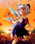  1girl :d ahoge ascot autumn autumn_leaves blue_eyes blue_hair blush bow cirno collared_shirt dress hair_bow ice ice_wings juliet_sleeves leaf long_sleeves maple_leaf namino. open_mouth puffy_sleeves short_hair smile solo tareme touhou wings 