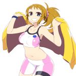  1girl bike_shorts blue_eyes blush breasts brown_hair chan_co gundam gundam_build_fighters gundam_build_fighters_try hoshino_fumina large_breasts looking_at_viewer midriff navel open_mouth ponytail scrunchie short_hair simple_background smile solo sports_bra white_background 