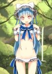  +_+ 1girl animal_ears bangs blue_hair blue_ribbon blunt_bangs bowtie cat_ears flat_chest frilled_panties frills hat long_hair looking_at_viewer navel nosuku open_mouth original panties payot red_eyes ribbon short_sleeves smile symbol-shaped_pupils topless underwear white_panties wristband 