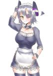  1girl apron blush breasts contrapposto cowboy_shot detached_collar doyouwantto embarrassed eyepatch fingerless_gloves gloves hand_on_hip hand_on_own_head headgear highres kantai_collection large_breasts looking_at_viewer maid maid_headdress purple_hair short_hair skindentation solo sweatdrop tenryuu_(kantai_collection) thigh-highs white_background yellow_eyes zettai_ryouiki 