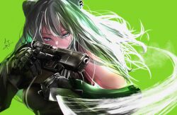  1girl animal_ear_piercing animal_ears arm_armor bare_shoulders black_gloves combat_knife commentary_request gloves grey_eyes grey_hair gun halter_shirt halterneck handgun highres holding holding_gun holding_knife holding_weapon hololive jacket knife lion_ears lion_girl open_clothes open_jacket portrait shishiro_botan shishiro_botan_(1st_costume) signature slashing sohtatsu_b solo virtual_youtuber weapon 