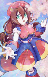  1girl brown_hair cherry_blossoms dress dwn0001130 feet_out_of_frame green_eyes hat highres iris_(mega_man) long_hair mega_man_(series) mega_man_x_(series) petals red_dress red_hat solo very_long_hair 