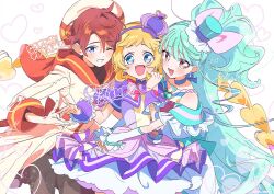  1boy 2girls aqua_bow aqua_hair aqua_sleeves arms_around_waist back_bow bare_shoulders beret black_pants black_shirt blonde_hair blue_bow blue_choker blue_eyes blue_hairband blue_hat blunt_bangs bow bow_choker bow_earrings bowtie braid bright_pupils brooch brown_eyes brown_hair capelet character_name choker clothing_cutout collared_capelet commentary cowboy_shot cure_friendy cure_lillian deerstalker dot_nose dress dress_bow earrings fingernails floating_clothes floating_hair frilled_arm_warmers frilled_headwear frilled_sleeves frilled_wrist_cuffs frills green_brooch grin group_hug hairband hand_up happy hat hat_bow hat_ornament heart heart_brooch heart_hat_ornament high_collar horizontal-striped_sleeve_cuffs hug inukai_iroha jewelry layered_sleeves light_blush long_dress long_hair long_sleeves looking_at_viewer low_twin_braids magical_boy magical_girl messy_hair mini_hat mini_top_hat multiple_girls nekoyashiki_mayu offering_hand_to_another one_eye_closed one_side_up open_mouth orange_sailor_collar orange_sleeve_cuffs outstretched_hand pants paru_rari petticoat pink_bow pink_bowtie pleated_dress precure purple_bow purple_brooch purple_capelet purple_dress purple_hairband purple_hat purple_wrist_cuffs robe sailor_collar shirt short_dress short_hair short_sleeves shoulder_cutout simple_background single_stripe smile sphere_earrings standing striped_bow striped_bowtie striped_clothes striped_sleeves symbol-only_commentary taking_another's_hand tareme top_hat toyama_satoru tsurime turtleneck turtleneck_shirt twin_braids very_long_hair violet_eyes wavy_hair white_arm_warmers white_background white_bow white_bowtie white_dress white_hat white_pupils white_robe wonderful_precure! wrist_cuffs 