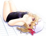 1girl bare_legs bare_shoulders blonde_hair flandre_scarlet hand_on_own_chest hand_to_own_mouth looking_at_viewer lying on_back red_eyes school_swimsuit short_hair shounen_(hogehoge) side_ponytail small_breasts solo swimsuit touhou 