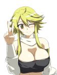  1girl akame_ga_kill! bare_shoulders blonde_hair blush breasts cleavage detached_sleeves large_breasts leone one_eye_closed scarf short_hair smile solo tubetop v yellow_eyes 