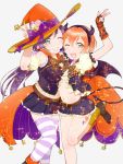  2girls :3 aqua_eyes arm_up asymmetrical_docking bat_wings breast_press breasts cleavage detached_sleeves disguise flat_chest green_eyes halloween hat hoshizora_rin large_breasts long_hair looking_at_viewer love_live!_school_idol_project matsurik miniskirt multiple_girls navel_cutout one_eye_closed open_mouth orange_hair puffy_short_sleeves puffy_sleeves purple_hair short_hair short_sleeves shorts skirt smile sparkle thigh-highs toujou_nozomi twintails v wince wings witch_hat zettai_ryouiki 