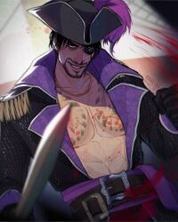  1boy abs artist_name beard belt belt_buckle bicorne black_coat black_eyes black_gloves blood brown_belt buckle captain_majima chest_tattoo coat commentary english_commentary epaulettes eyepatch facial_hair feathers gloves goatee grin hand_up hat hat_feather holding holding_sword holding_weapon jewelry long_sleeves looking_at_viewer majima_goro male_focus mature_male muscular muscular_male necklace no_shirt open_clothes pectorals pirate pirate_hat pirate_ship purple_feathers rani_ki red_pupils ryuu_ga_gotoku_(series) ryuu_ga_gotoku_8_gaiden short_hair smile smirk solo sword tattoo twitter_username weapon 