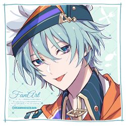  1boy :p absurdres aqua_background aqua_hair artist_name border chaahan_(0421_han2) chef_hat closed_mouth collared_shirt commentary hair_between_eyes hat highres looking_at_viewer male_focus nagisa_trout neckerchief nijisanji orange_neckerchief shirt short_hair smile solo symbol-only_commentary tongue tongue_out twitter_username upper_body violet_eyes virtual_youtuber watermark white_border white_hat 