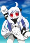  1girl artist_request dress horns kantai_collection long_hair looking_at_viewer mittens northern_ocean_hime open_mouth red_eyes shinkaisei-kan solo waving white_dress white_hair white_skin 