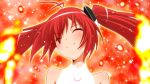  ahoge bangs bare_shoulders blush closed_eyes eyelashes fire hair_ornament happy henshin long_hair looking_at_viewer ore_twintail_ni_narimasu red_background redhead smile tail_red transformation twintails yuto_(dialique) 