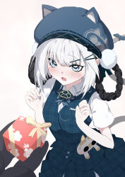  1girl absurdres animal_ear_headwear animal_ears animal_print bambinata:_vitrum_(catwalk)_(pgr) bambinata_(pgr) beret black_hair blue_eyes blush braid braided_hair_rings cat_ears cat_print checkered_clothes checkered_vest commandant_(pgr) embarrassed fake_animal_ears gift green_hat green_vest hair_ornament hair_rings hairclip hat heart heart-shaped_pupils highres punishing:_gray_raven shirt short_sleeves stuffed_animal stuffed_cat stuffed_toy symbol-shaped_pupils takashi_san vest white_day white_hair white_pom_poms white_shirt x_hair_ornament 