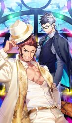  2boys aqua_eyes aqua_necktie belt black-framed_eyewear black_gloves black_hair black_jacket black_vest blue_eyes brown_belt brown_facial_hair brown_hair buttons centaur closed_mouth collared_shirt commentary cowboy_shot dress_shirt facial_hair fate/grand_order fate_(series) fujiwara_ryo_(wsise47) glasses gloves goatee grey_hair grey_shirt hat hat_ribbon hat_tip holding holding_hat holding_unworn_clothes jacket jacket_on_shoulders lapels leaning_back long_sideburns long_sleeves looking_at_viewer male_focus multicolored_hair multiple_boys muscular muscular_male napoleon_bonaparte_(fate) napoleon_bonaparte_(ladies_&amp;_gentlemen)_(fate) necktie notched_lapels official_art one_eye_closed open_clothes open_jacket open_mouth pants partially_unbuttoned pectoral_cleavage pectorals print_scarf red_hare_(fate) ribbon scar scar_on_chest scarf semi-rimless_eyewear shark shirt short_hair sideburns sigurd_(fate) sigurd_(ladies_&amp;_gentlemen)_(fate) smile spiky_hair standing submerged suit suit_jacket swimming taur teeth third-party_source trilby two-sided_fabric two-sided_jacket two-tone_hair unbuttoned unbuttoned_shirt under-rim_eyewear vest waistcoat water white_hat white_pants white_shirt white_suit wing_collar yellow_ribbon yellow_scarf 