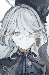  1girl absurdres ahoge ascot blue_ascot blue_eyes blue_hair blue_hat blue_nails commentary_request cracked_skin eyelashes furina_(genshin_impact) genshin_impact grey_hair hair_between_eyes hat highres koumimi long_hair long_sleeves looking_at_viewer multicolored_hair nail_polish parted_lips simple_background solo tears upper_body 