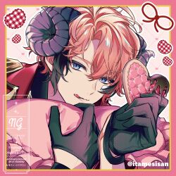  1boy :q absurdres akagi_wen artist_name bandaid bandaid_on_cheek bandaid_on_face black_gloves black_hair black_horns blue_eyes border chaahan_(0421_han2) closed_mouth commentary_request cookie curled_horns english_commentary food gloves hair_between_eyes half_gloves hands_up heart heart-shaped_cookie heart-shaped_food highres holding holding_food horns looking_at_viewer male_focus mixed-language_commentary multicolored_hair nijisanji outline parted_bangs pink_background pink_border pink_hair sheep_horns short_hair smile solo streaked_hair tongue tongue_out twitter_username upper_body virtual_youtuber watermark white_outline 