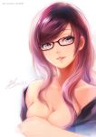  1991_(blz) 1girl breasts bust cleavage covering covering_breasts glasses highres off_shoulder original pink_eyes purple_hair signature tagme watermark web_address 