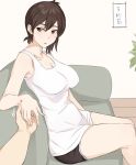  1girl breasts brown_eyes brown_hair casual couch heart heart-shaped_pupils holding_hands kaga_(kantai_collection) kantai_collection large_breasts ogros pov shirt short_hair short_shorts shorts sitting symbol-shaped_pupils thighs translation_request 