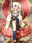  1girl abo_(hechouchou) hat highres japanese_clothes long_hair looking_at_viewer lord_tenma pointy_ears red_eyes side_ponytail silver_hair sitting smile solo tokin_hat touhou weapon 
