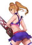  1girl back blonde_hair chainsaw cheerleader crop_top dog_hate_burger from_behind green_eyes juliet_starling lollipop_chainsaw long_hair looking_back midriff miniskirt scrunchie skirt solo thigh-highs twintails 
