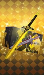  00kashian00 argyle_background box commentary copyright_name diffraction_spikes durindana_(fate) english_text fate/grand_order fate_(series) glint hector_(fate) mandricardo_(fate) no_humans official_art sparkle still_life sword third-party_source toy_sword weapon weapon_focus yellow_background 