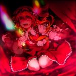  1girl ascot blonde_hair checkered checkered_floor flandre_scarlet hat kazetto long_hair open_mouth red_eyes side_ponytail smile solo stuffed_animal stuffed_toy stuffing teddy_bear touhou wings 
