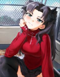  1girl black_hair black_skirt black_thighhighs blue_eyes blush breasts chain-link_fence closed_mouth elbow_rest english_commentary fate/stay_night fate_(series) fence highres long_hair looking_at_viewer medium_breasts outdoors red_sweater sitting skirt solo sweater thigh-highs tohsaka_rin turtleneck two_side_up very_long_hair waligner zettai_ryouiki 
