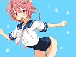  1girl bent_over blush i-58_(kantai_collection) kantai_collection kisaragi_(hara-kiri) looking_at_viewer open_mouth pink_eyes pink_hair school_swimsuit school_uniform serafuku short_hair solo swimsuit swimsuit_under_clothes 