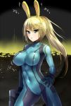  1girl animal_ears blonde_hair blue_eyes bodysuit breasts contrapposto cowboy_shot doyouwantto gloves gun hand_on_hip impossible_clothes kemonomimi_mode large_breasts long_hair metroid ponytail rabbit_ears samus_aran skin_tight solo weapon zero_suit 