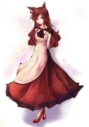  1girl animal_ears breasts brooch brown_eyes brown_hair collarbone dress imaizumi_kagerou jewelry long_hair looking_at_viewer simple_background solo touhou white_background wolf_ears 