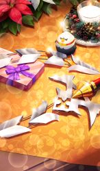  bow box candle christmas commentary diffraction_spikes fate/grand_order fate_(series) fire flower gift gift_box heavy_lens_flare hippogriff_(fate) lasengle lens_flare no_humans official_art orange_background pinecone poinsettia purple_bow purple_ribbon red_flower ribbon sparkle still_life third-party_source vulcano_caligorante weapon weapon_focus whip_sword white_flower 