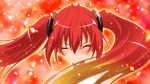  ahoge bangs bare_shoulders blonde_hair blush closed_eyes eyelashes gradient_hair hair_ornament happy henshin long_hair looking_at_viewer multicolored_hair ore_twintail_ni_narimasu red_background redhead smile tail_red transformation twintails yuto_(dialique) 