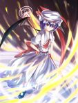  1girl ascot bat_wings blue_hair bow hand_on_hip hat hat_bow red_eyes remilia_scarlet solo spear_the_gungnir touhou waterdog wind wings 