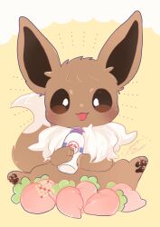  animal_focus banchiku berry_(pokemon) blush bottle brown_eyes commentary_request eevee highres holding milk_bottle moomoo_milk no_humans pawpads persim_berry pokemon pokemon_(creature) sitting tongue tongue_out 
