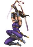  1girl alternate_color black_hair bodysuit breasts dog_hate_burger dual_wielding female greaves hair_ornament hair_over_one_eye hair_stick jumping lips long_hair ninja nose player_2 ponytail scabbard sheath short_sword shoulder_pads skin_tight solo soulcalibur sword tabi taki_(soulcalibur) vambraces weapon 