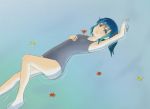  1girl bare_legs bare_shoulders blue_eyes blue_hair hair_bobbles hair_ornament jewelry kawashiro_nitori key key_necklace leaf lying lying_on_water maple_leaf necklace no_hat no_headwear one-piece_swimsuit partially_submerged school_swimsuit short_hair short_twintails solo swimsuit touhou twintails water 