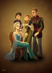  1boy 3girls absurdres anna_(frozen) blonde_hair blue_eyes blush braid brown_eyes brown_hair cape closed_eyes dress elsa_(frozen) epaulettes family father_and_daughter freckles frozen_(disney) hair_over_shoulder highres king_of_arendelle long_hair medal miacat mother_and_daughter multiple_girls queen_of_arendelle see-through short_hair siblings side_slit sideburns single_braid sisters smile strapless_dress tiara time_paradox twin_braids 