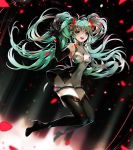  1girl boots covered_navel elbow_gloves gloves green_eyes green_hair hatsune_miku high_heels leotard long_hair open_mouth petals racequeen skindention solo thigh-highs thigh_boots twintails very_long_hair vocaloid 