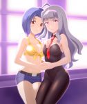  2girls absurdres asymmetrical_docking bikini_top blue_hair breast_press denim denim_shorts detached_collar hairband highres idolmaster leotard miura_azusa multiple_girls necktie pantyhose red_eyes shijou_takane short_hair shorts silver_hair takahirokun wrist_cuffs 