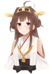  1girl ahoge bare_shoulders blush brown_hair bust detached_sleeves double_bun hairband headgear highres japanese_clothes kantai_collection kongou_(kantai_collection) long_hair looking_at_viewer nontraditional_miko otoharu simple_background smile solo violet_eyes white_background 