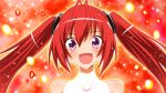  ahoge bangs bare_shoulders blush eyelashes hair_ornament happy henshin long_hair looking_at_viewer open_mouth ore_twintail_ni_narimasu red_background redhead smile tail_red transformation twintails violet_eyes yuto_(dialique) 