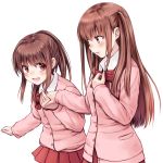  2girls atarashi_ako brown_eyes brown_hair cardigan commentary highres holding_hands long_hair multiple_girls open_mouth ponytail ribbon saki saki_achiga-hen school_uniform simple_background skirt smile suzushiro_yukari takakamo_shizuno two_side_up white_background 