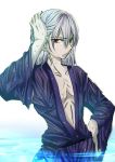  1boy hand_on_head hand_on_hip japanese_clothes open_clothes red_eyes short_hair solo toono_shiki_(2) tsukihime urako water wet wet_clothes wet_hair white_hair 