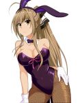  1girl ahoge amagi_brilliant_park animal_ears bare_shoulders blush bowtie breasts brown_hair bunny_girl bunnysuit cleavage covered_navel fishnet_pantyhose fishnets gloves hair_ornament hair_ribbon large_breasts leotard long_hair looking_at_viewer pantyhose ponytail rabbit_ears ribbon sento_isuzu simple_background solo standing sweat sweatdrop thighs white_background yellow_eyes 