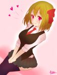  1girl blonde_hair blush breasts doyouwantto hair_ribbon heart highres looking_at_viewer older red_eyes ribbon rumia short_hair skirt smile solo thigh-highs touhou vest 