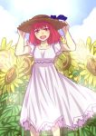  1girl adjusting_clothes adjusting_hat bow dress field flower flower_field frilled_dress frills good_end hat kohaku open_mouth redhead ribbon short_hair smile solo sunflower tsukihime urako yellow_eyes 