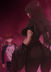  1boy 1girl absurd absurdres ass ass_focus back back_focus bad_id bad_pixiv_id bare_back bent_over black_hair breasts butt_crack command_spell dark_persona emiya_shirou facing_away fate/stay_night fate_(series) from_behind genderswap genderswap_(mtf) hair_lift hands_up heaven&#039;s_feel highres huge_ass jewelry katana kotomine_kirei large_breasts male_focus necklace planted planted_sword purple_background raglan_sleeves red_hair red_ribbon ribbon scar shokobr sideboob simple_background solo sword thigh-highs thighs topless_female upper_body weapon 