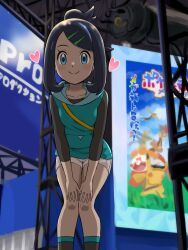  1girl absurdres black_hair blue_eyes blue_hair closed_mouth colored_inner_hair cowlick eyelashes hair_bun hair_ornament hairclip heart highres hood hoodie liko_(pokemon) long_hair long_sleeves looking_at_viewer multicolored_hair pokemoa pokemon pokemon_(anime) pokemon_horizons poster_(object) shirt shorts sleeveless smile yellow_bag 