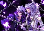  2boys add_(elsword) black_background butterfly chain choker dual_persona elsword facial_mark gloves grey_hair grin half_updo hand_over_face jacket long_hair male multiple_boys selcia smile tattoo violet_eyes 
