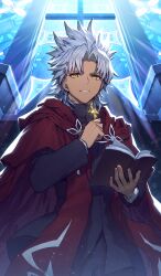  1boy amakusa_shirou_(fate) black_jacket black_pants blue_background book cape christianity church commentary cowboy_shot cross cross_necklace curtained_hair dark-skinned_male dark_skin earrings fate/apocrypha fate/grand_order fate_(series) from_below gold_necklace high_collar holding holding_book holding_cross holding_jewelry holding_necklace indoors jacket jewelry latin_cross light_particles light_rays long_sleeves looking_at_viewer male_focus medium_hair necklace official_art open_book pants parted_lips red_cape routo shirt smile solo spiky_hair stained_glass standing stole teeth third-party_source white_hair white_shirt yellow_eyes 