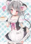  1girl alternate_costume animal_ears blush breasts enmaided grey_hair highres maid maid_headdress mouse mouse_ears mouse_tail mugicha0929 nazrin red_eyes sample short_hair solo striped tail thigh-highs touhou traditional_media watercolor_(medium) 